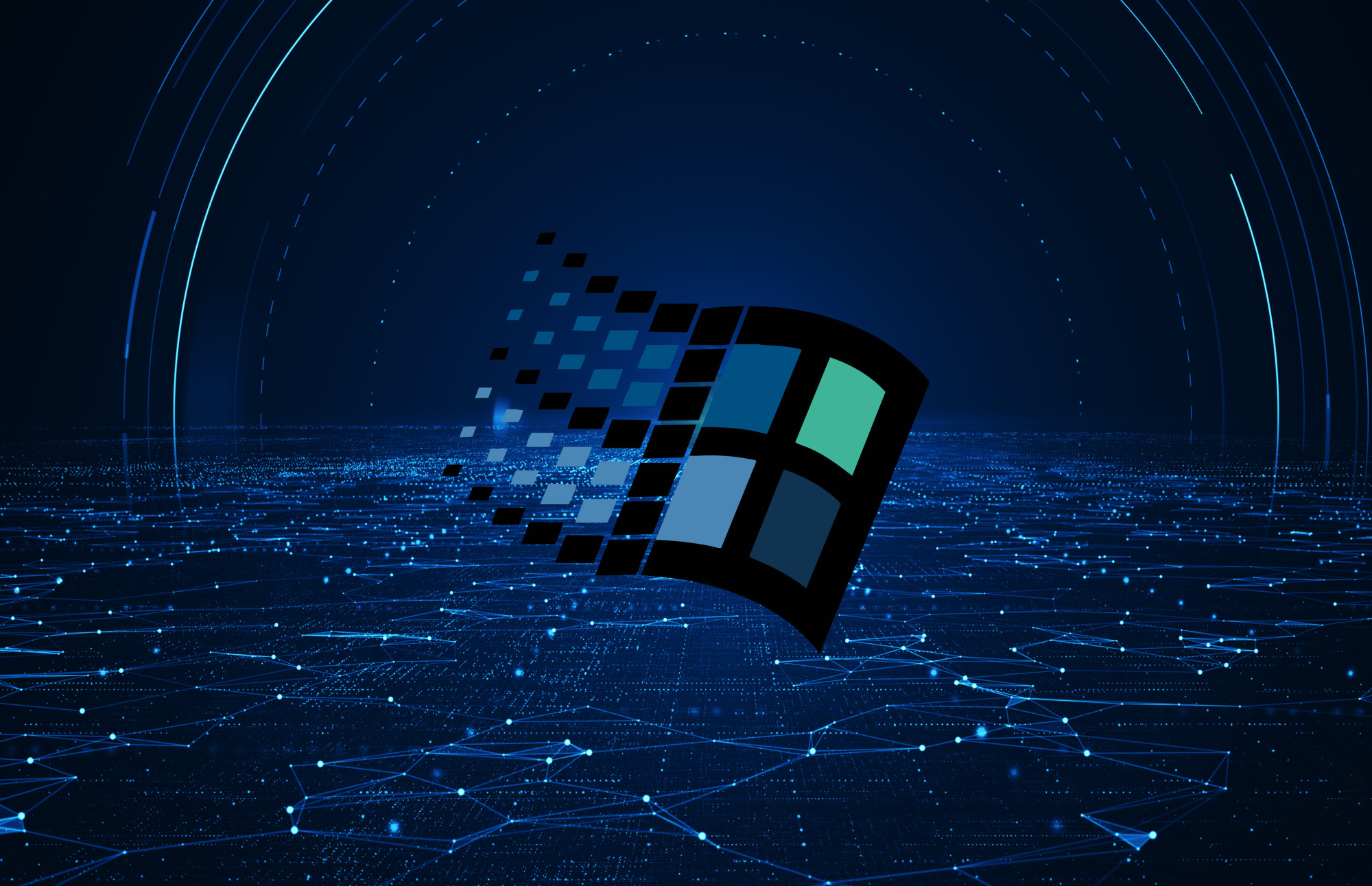 A digital representation of the Windows logo, animated with a pixelated effect, set against a dark blue background with a network of glowing interconnected lines.