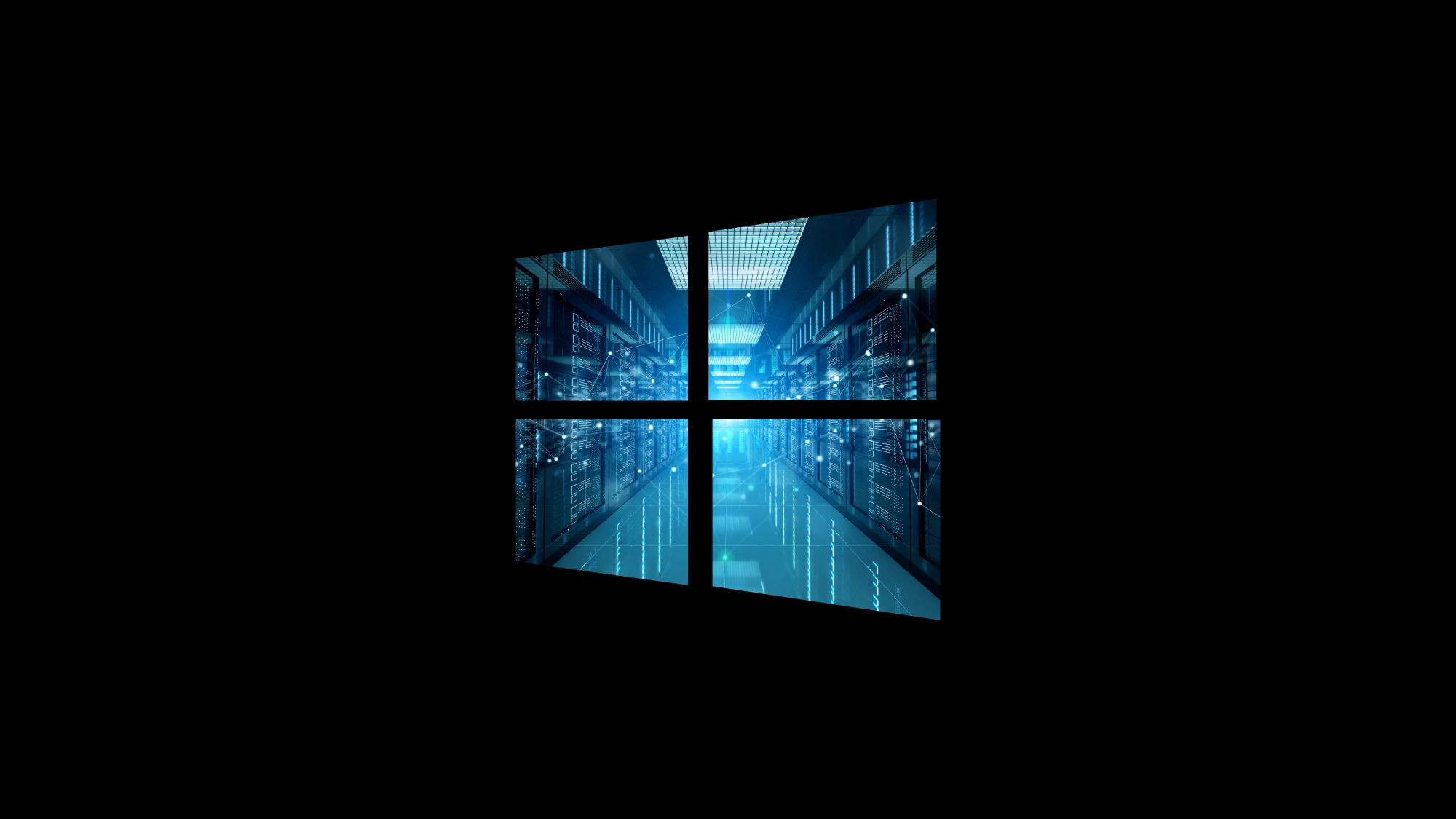 A glowing blue data center view is framed by a stylized Windows logo, with rows of server racks visible in the background.