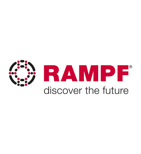 Logo of RAMPF, featuring a circular design composed of dots and the text "discover the future" in a modern font. The word "RAMPF" is prominently displayed in red.