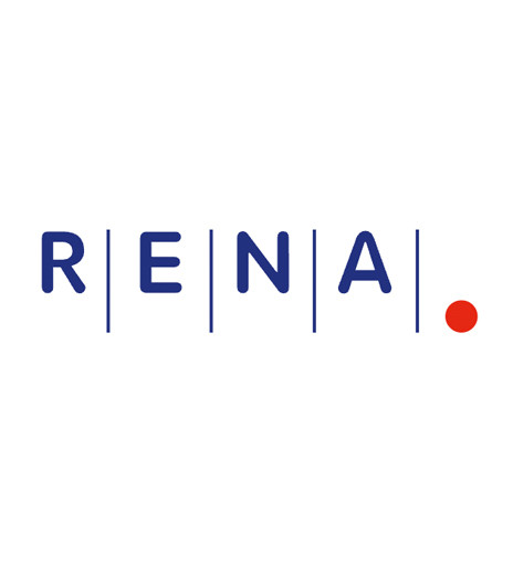 Logo featuring the word "RENA" with alternating blue and vertical line elements, followed by a red dot.