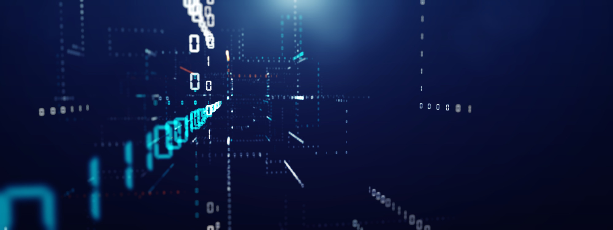 Abstract digital landscape with a blue and dark backdrop, featuring glowing binary numbers and lines creating a sense of depth and motion.