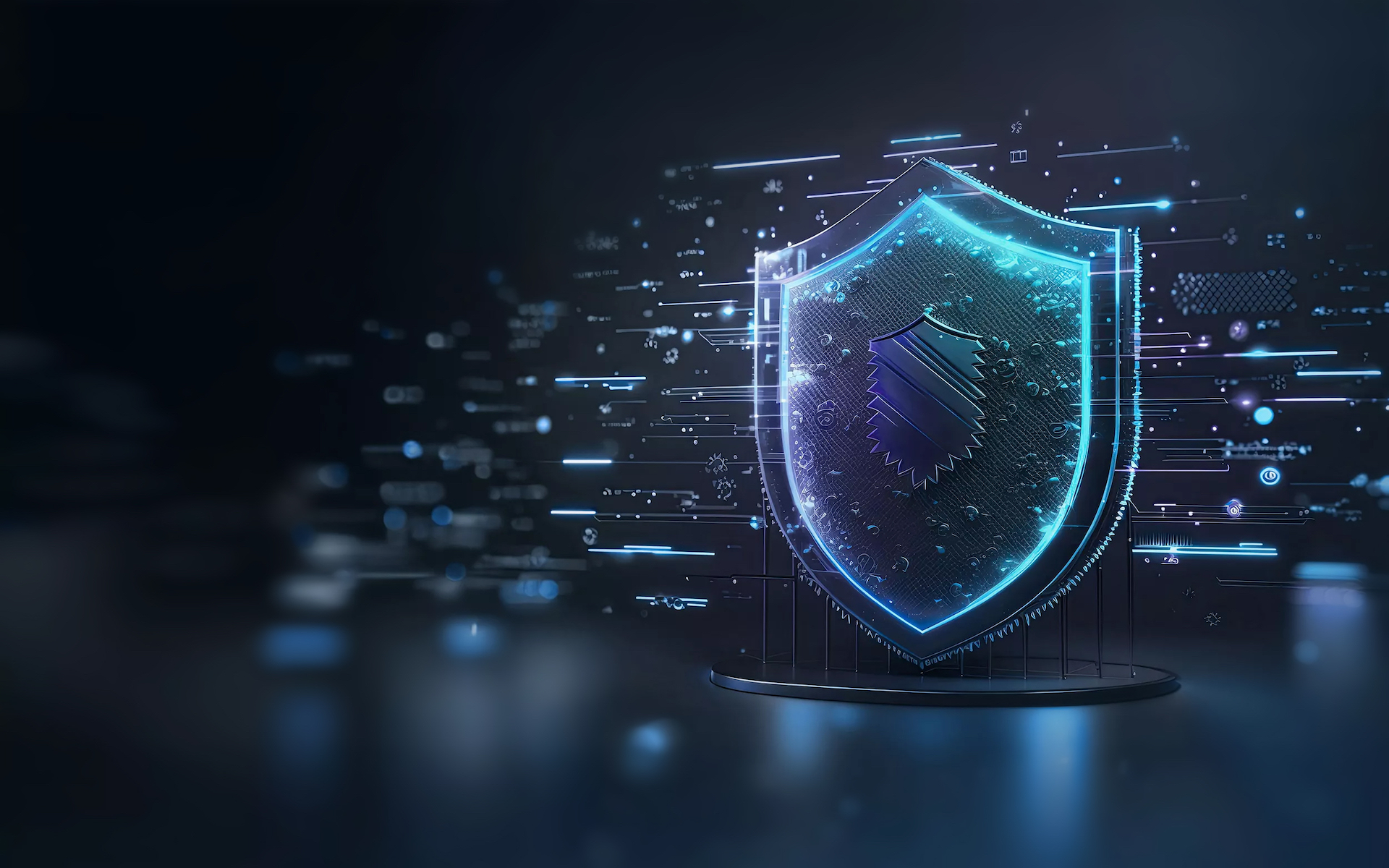 A glowing digital shield surrounded by abstract data elements, representing cybersecurity and protection. The background is dark, enhancing the luminous effect of the shield.