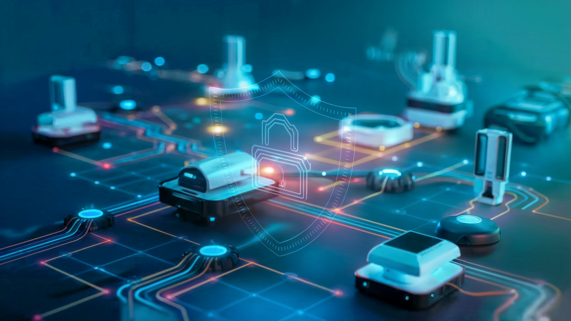 A close-up view of a digital circuit board with various robotic components and interconnected lines. A shield symbol overlay suggests a focus on cybersecurity, with glowing lights emphasizing the advanced technology theme.